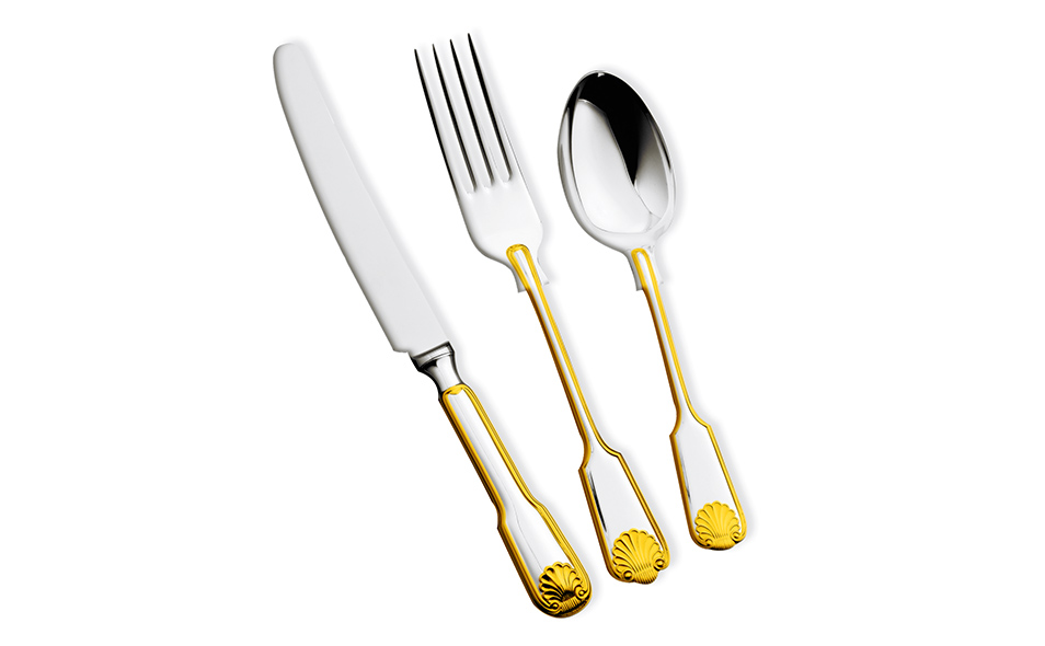 FIDDLE THREAD & SHELL Partially 24 Carat Gold Plated Cutlery